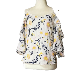 SAKS FIFTH AVENUE embroidered linen off-the-shoulder blouse, NWT, Size XS